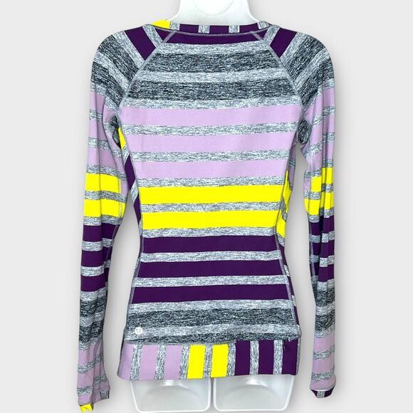 LULULEMON Race Your Pace Long Sleeve Top Gray Purple Yellow Stripe Size 6 - Picture 3 of 7